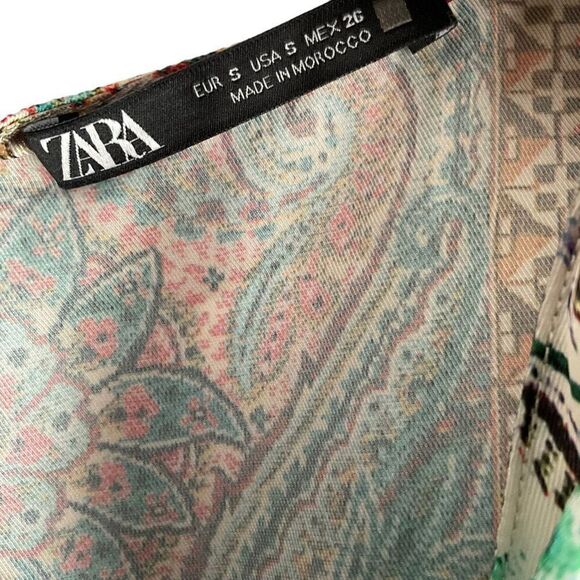 Zara Wrap Dress Patchwork Paisley Floral Aztec Tan Green Blue Zipper Back Small - Picture 4 of 11